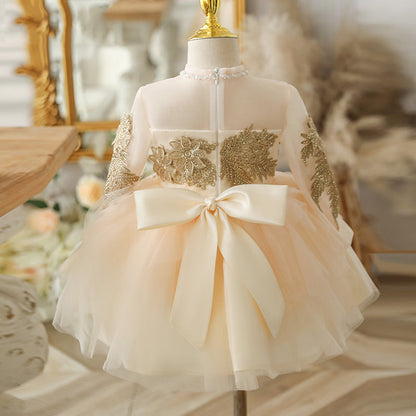 Champagne Tulle A-Line Flower Girl Dress with Lace & Bows