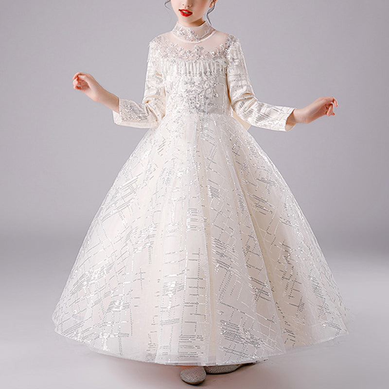 Champagne Tulle Flower Girl Dress: Long Sleeve Lace Sequins