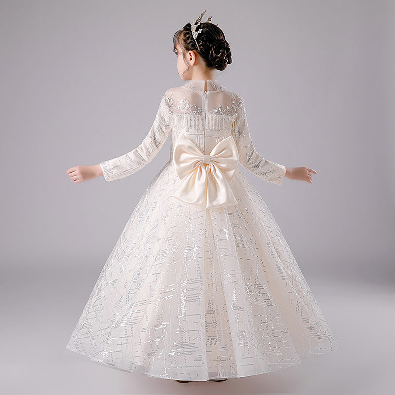 Champagne Tulle Flower Girl Dress: Long Sleeve Lace Sequins