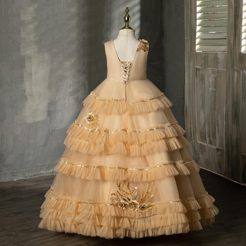 Champagne Tulle Princess Flower Girl Dress Lace Flower Bow