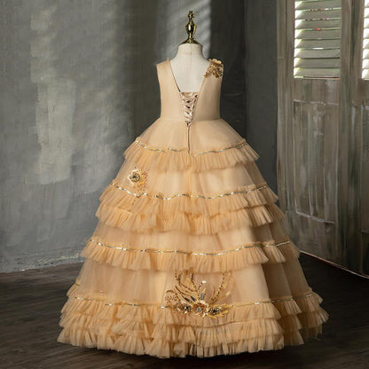 Champagne Tulle Princess Flower Girl Dress Lace Flower Bow