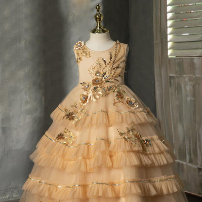 Champagne Tulle Princess Flower Girl Dress Lace Flower Bow
