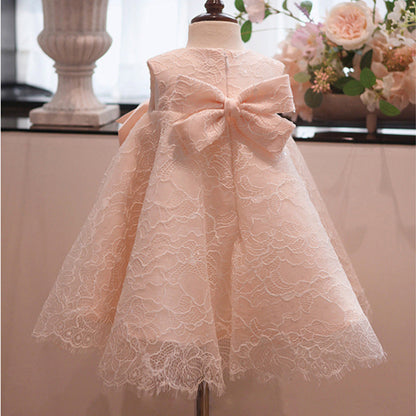 Charming Pink A-Line Lace Flower Girl Dress with Bows