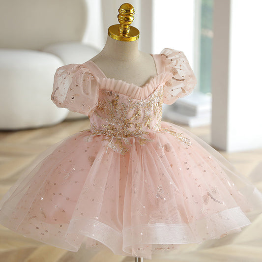Charming Pink Princess Flower Girl Dress with Sequins & Lace