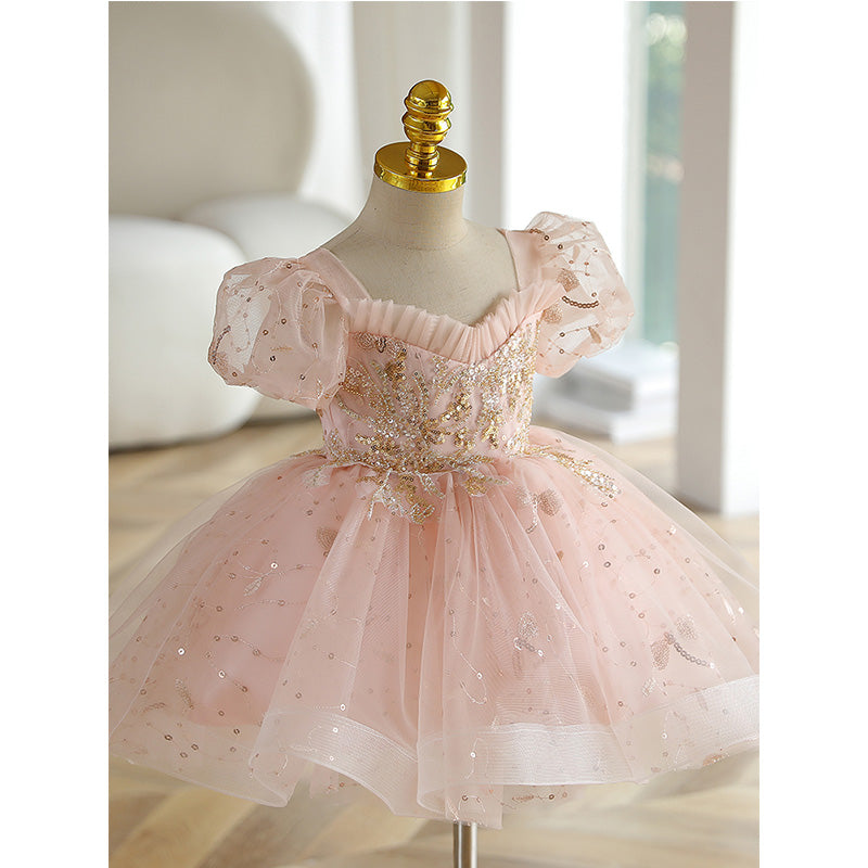 Charming Pink Princess Flower Girl Dress with Sequins & Lace