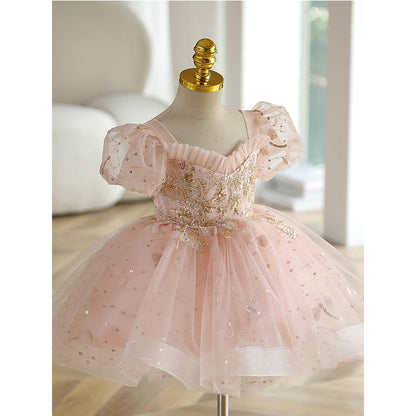 Charming Pink Princess Flower Girl Dress with Sequins & Lace