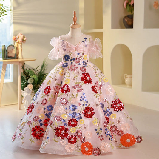 Colorful Ball Gown for Girls with Sequins & Floral Embroidery – Special Occasion Dress