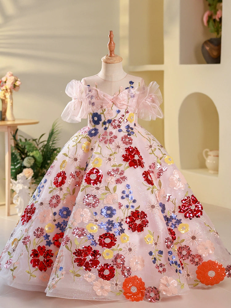 Colorful Ball Gown for Girls with Sequins & Floral Embroidery – Special Occasion Dress