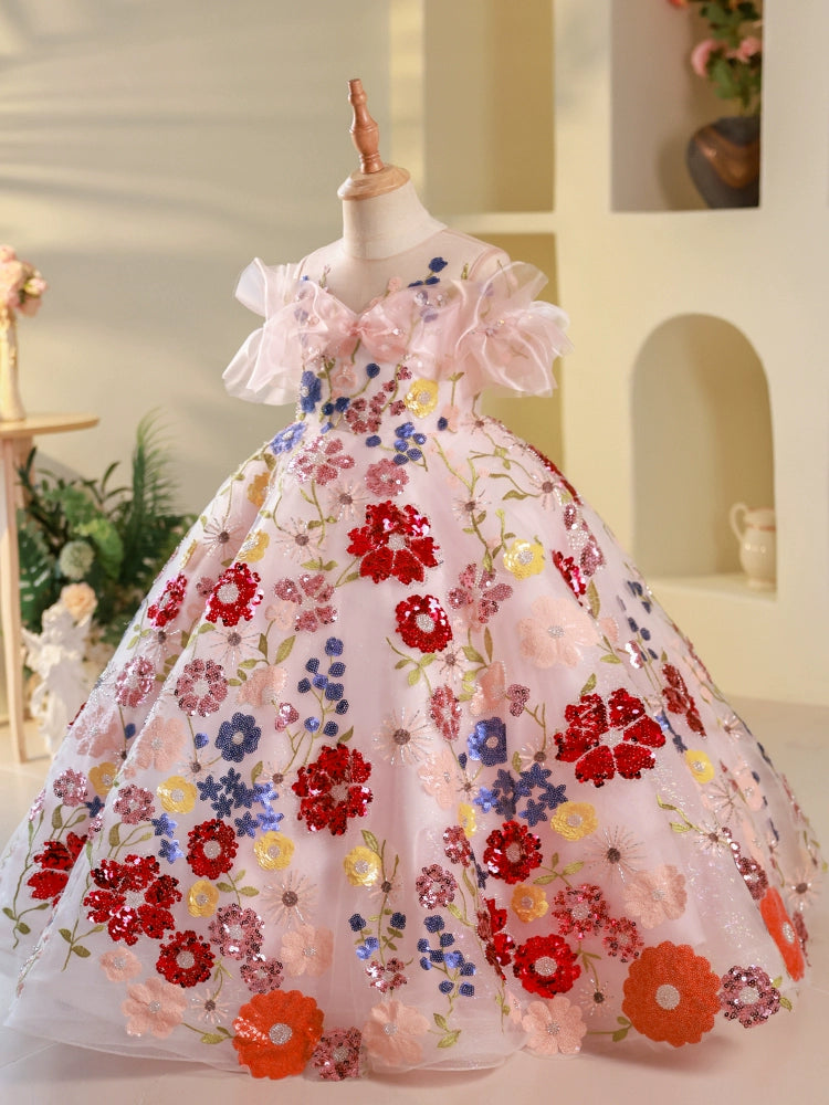 Colorful Ball Gown for Girls with Sequins & Floral Embroidery – Special Occasion Dress