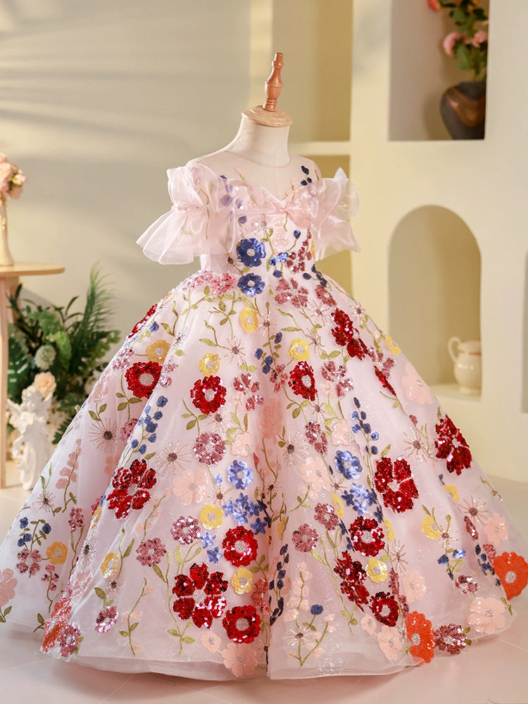 Colorful Ball Gown for Girls with Sequins & Floral Embroidery – Special Occasion Dress