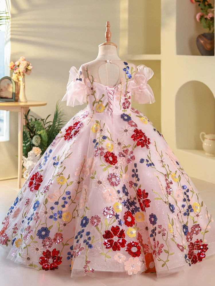 Colorful Ball Gown for Girls with Sequins & Floral Embroidery – Special Occasion Dress