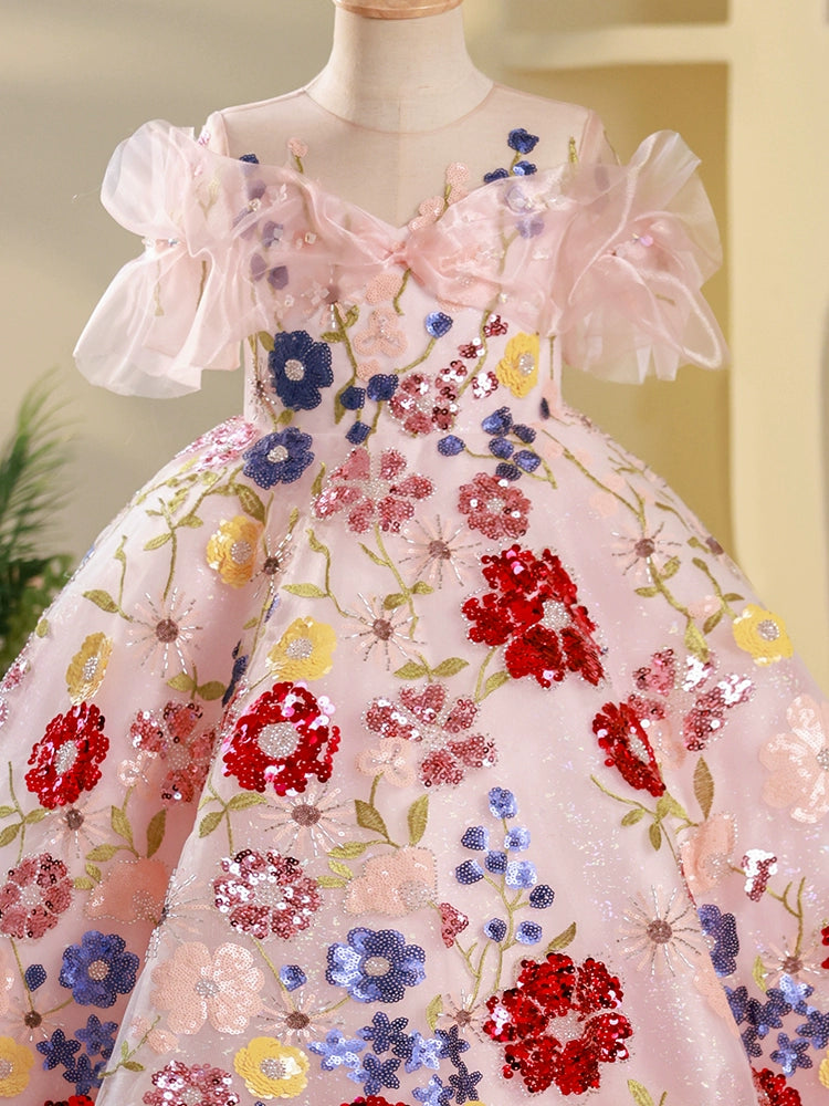 Colorful Ball Gown for Girls with Sequins & Floral Embroidery – Special Occasion Dress
