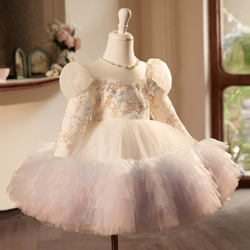 Colorful Lace A-Line Flower Girl Dress with Cascading Ruffles