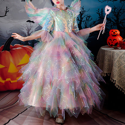 Colorful Sequin A-Line Flower Girl Dress Long Bell Sleeve Floor