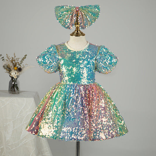 Colorful Sequin A-Line Flower Girl Dress with Puff Sleeves