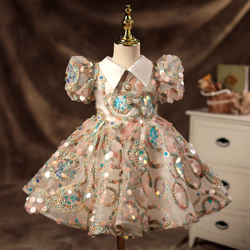 Colorful Sequined Princess Flower Girl Dress with Ruffles