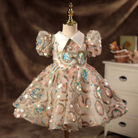 Colorful Sequined Princess Flower Girl Dress with Ruffles