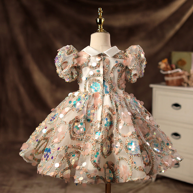 Colorful Sequined Princess Flower Girl Dress with Ruffles