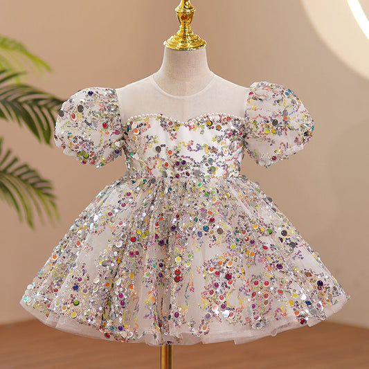 Colorful Sequined Tulle Princess Flower Girl Dress Puff Sleeves