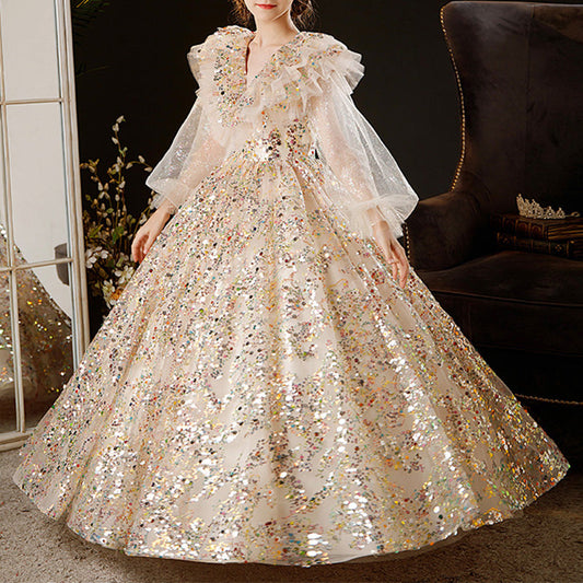 Dazzling Gold A-Line Flower Girl Dress | Sequins & Puff Sleeves