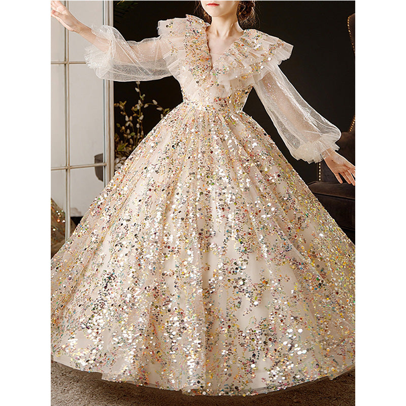 Dazzling Gold A-Line Flower Girl Dress | Sequins & Puff Sleeves