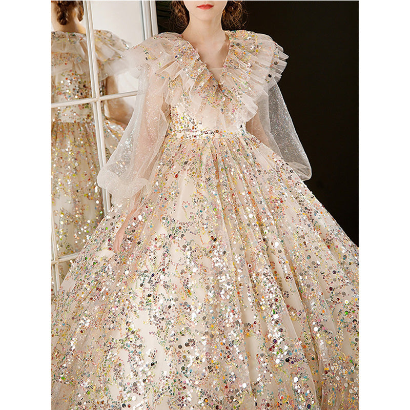 Dazzling Gold A-Line Flower Girl Dress | Sequins & Puff Sleeves