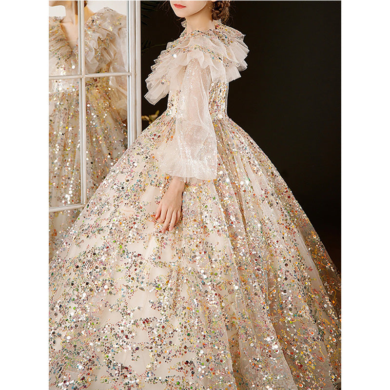Dazzling Gold A-Line Flower Girl Dress | Sequins & Puff Sleeves