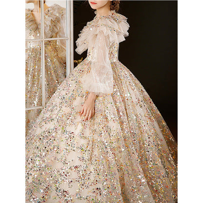 Dazzling Gold A-Line Flower Girl Dress | Sequins & Puff Sleeves