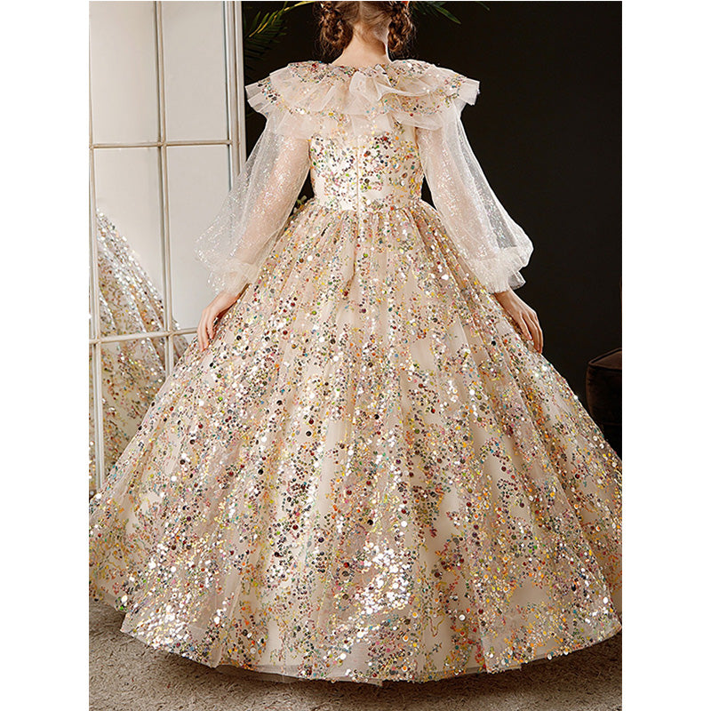 Dazzling Gold A-Line Flower Girl Dress | Sequins & Puff Sleeves