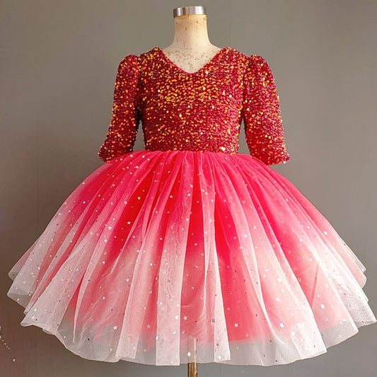 Deep Pink Sequined Tulle Ball Gown – Girls' Winter Party & Pageant Dress