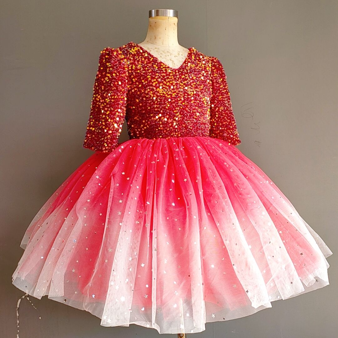 Deep Pink Sequined Tulle Ball Gown – Girls' Winter Party & Pageant Dress