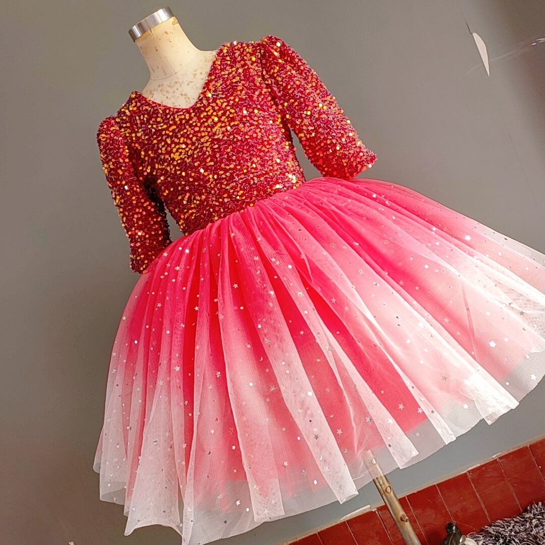 Deep Pink Sequined Tulle Ball Gown – Girls' Winter Party & Pageant Dress