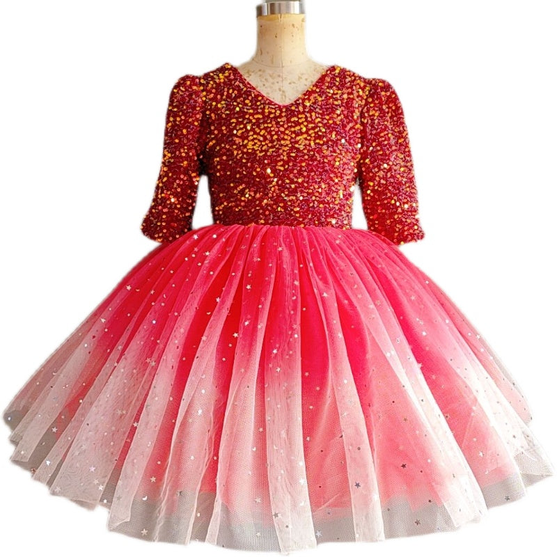 Deep Pink Sequined Tulle Ball Gown – Girls' Winter Party & Pageant Dress