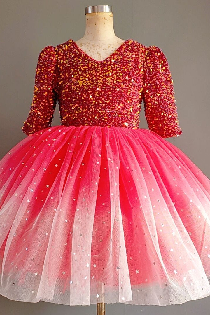 Deep Pink Sequined Tulle Ball Gown – Girls' Winter Party & Pageant Dress