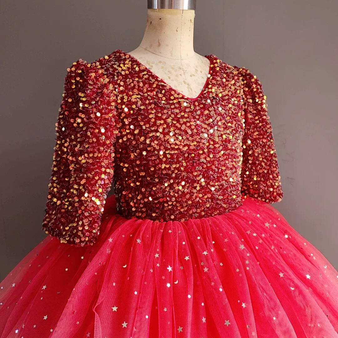 Deep Pink Sequined Tulle Ball Gown – Girls' Winter Party & Pageant Dress