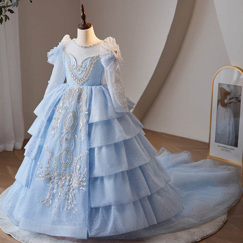 Dusty Blue A-Line Flower Girl Dress - Lace & Sequins
