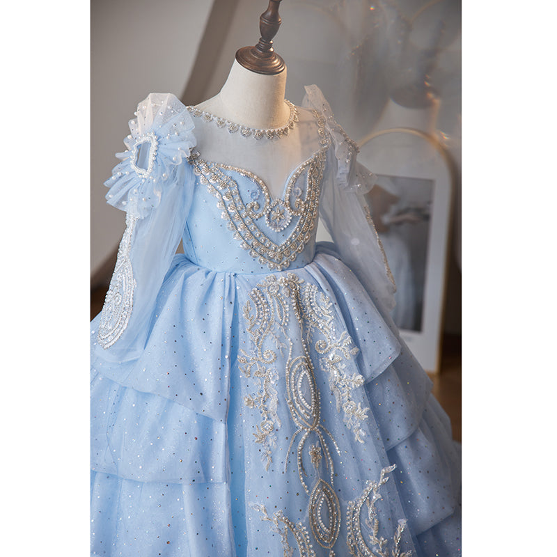 Dusty Blue A-Line Flower Girl Dress - Lace & Sequins