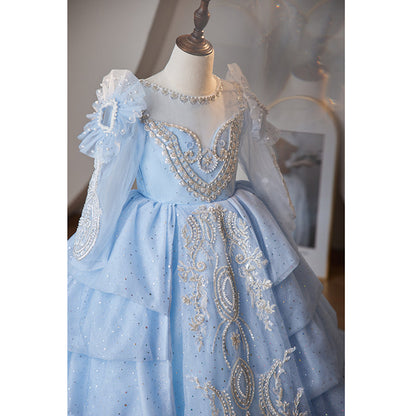 Dusty Blue A-Line Flower Girl Dress - Lace & Sequins