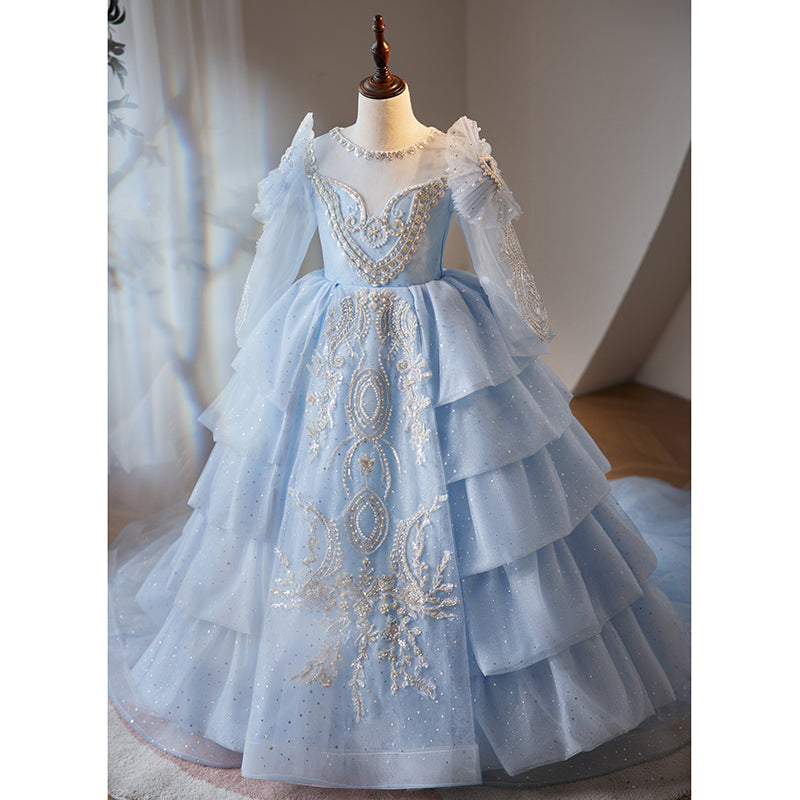 Dusty Blue A-Line Flower Girl Dress - Lace & Sequins