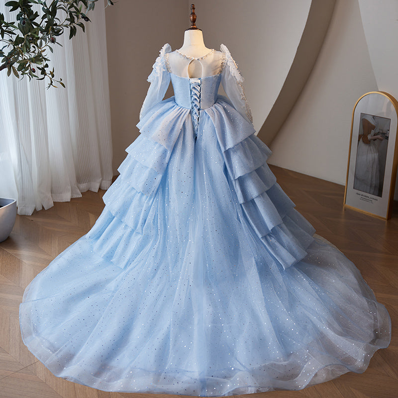 Dusty Blue A-Line Flower Girl Dress - Lace & Sequins