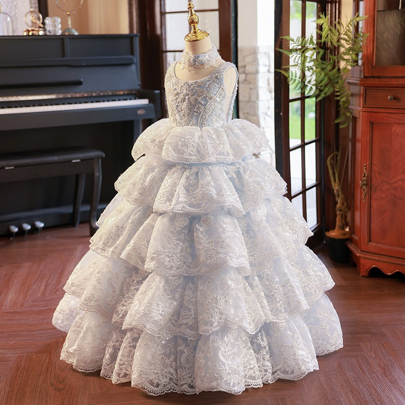 Dusty Blue A-Line Flower Girl Dress - Lace & Sequins