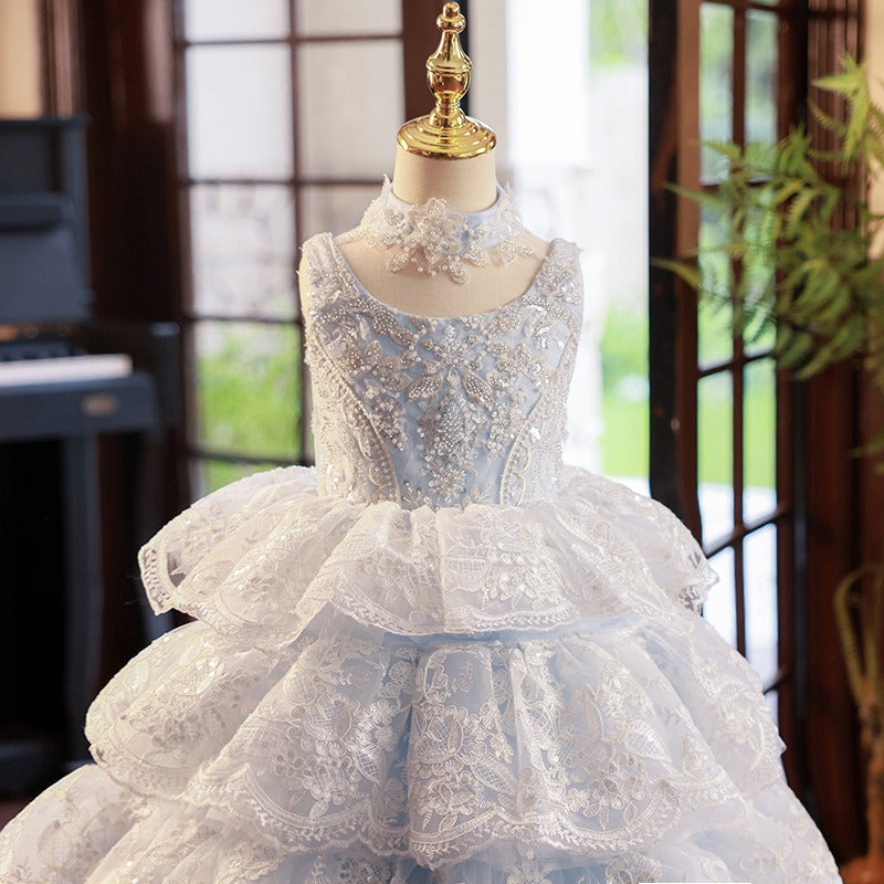 Dusty Blue A-Line Flower Girl Dress - Lace & Sequins