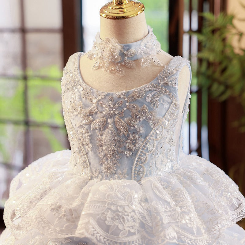 Dusty Blue A-Line Flower Girl Dress - Lace & Sequins