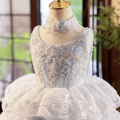 Dusty Blue A-Line Flower Girl Dress - Lace & Sequins