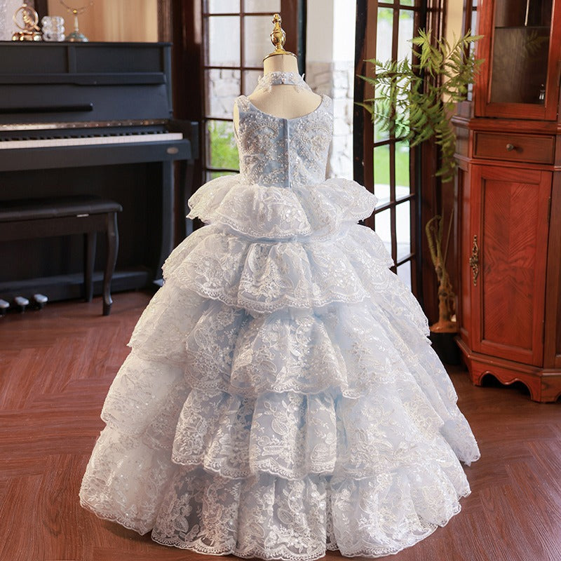 Dusty Blue A-Line Flower Girl Dress - Lace & Sequins