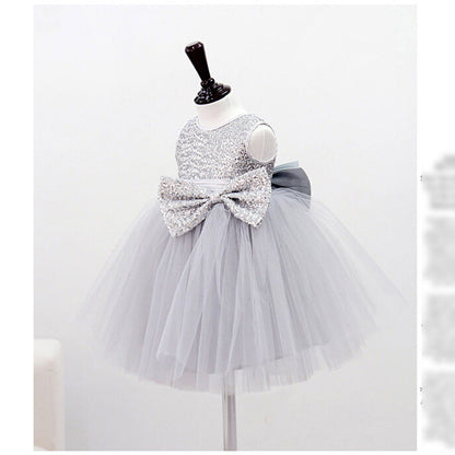 Dusty Blue A-Line Flower Girl Dress with Sequins and Bow