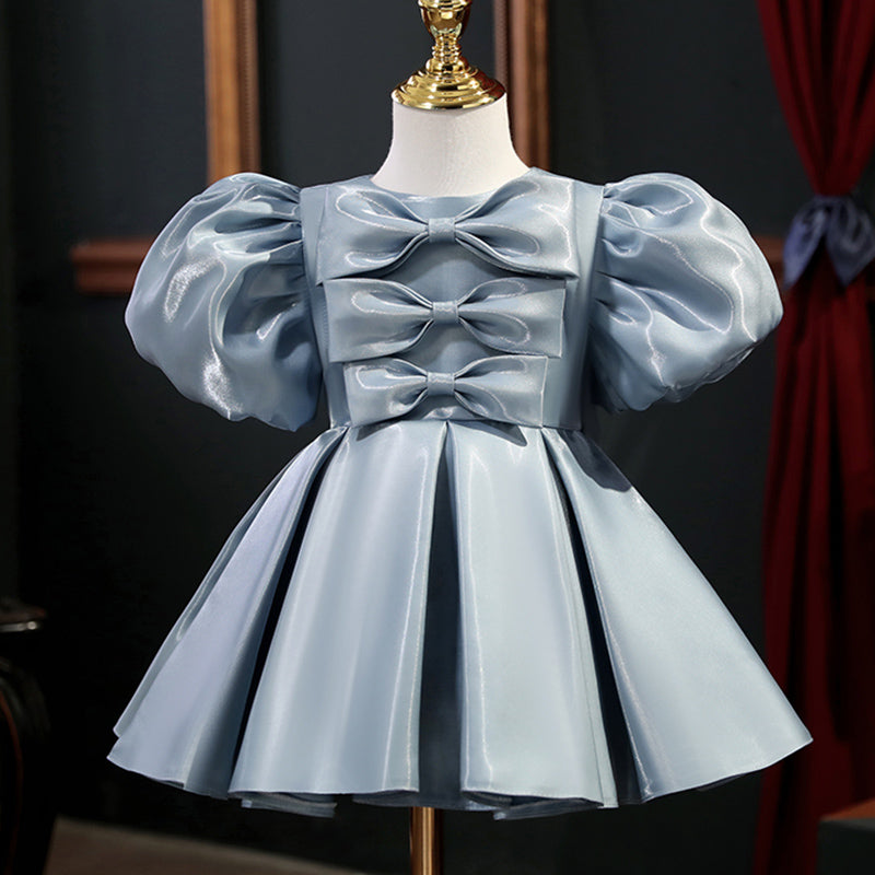 Dusty Blue Organza Princess Flower Girl Dress Bow Ruffles