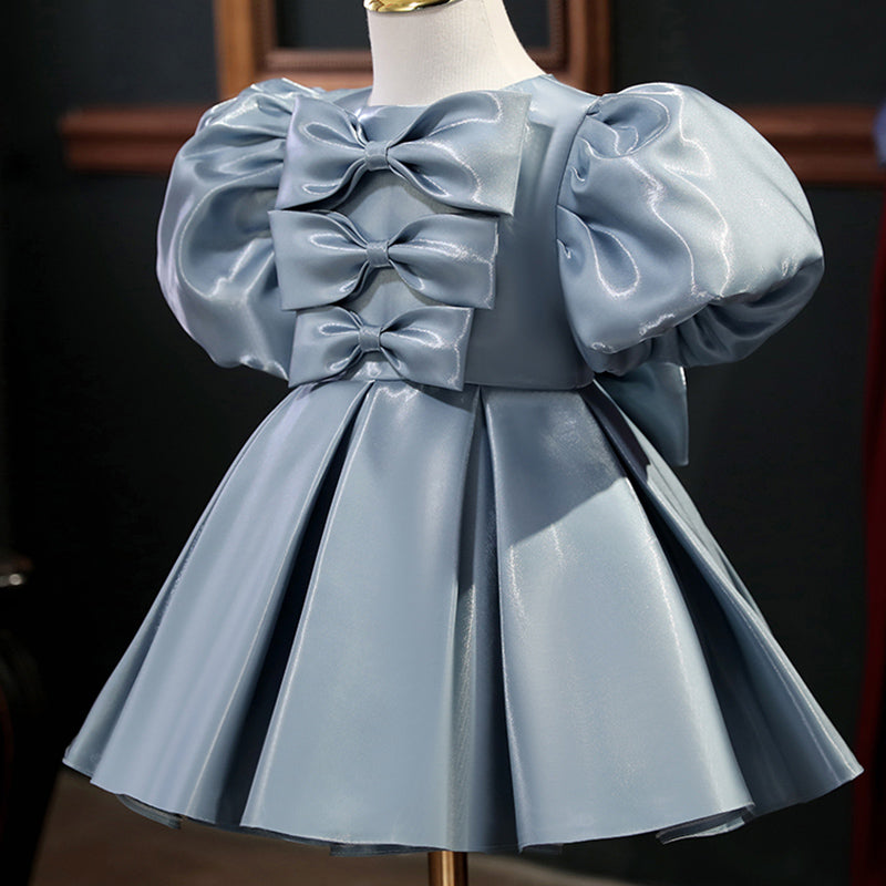 Dusty Blue Organza Princess Flower Girl Dress Bow Ruffles