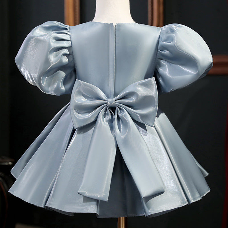Dusty Blue Organza Princess Flower Girl Dress Bow Ruffles