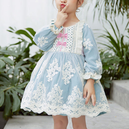Dusty Blue Princess Flower Girl Dress with Lace and Puff Sleeves